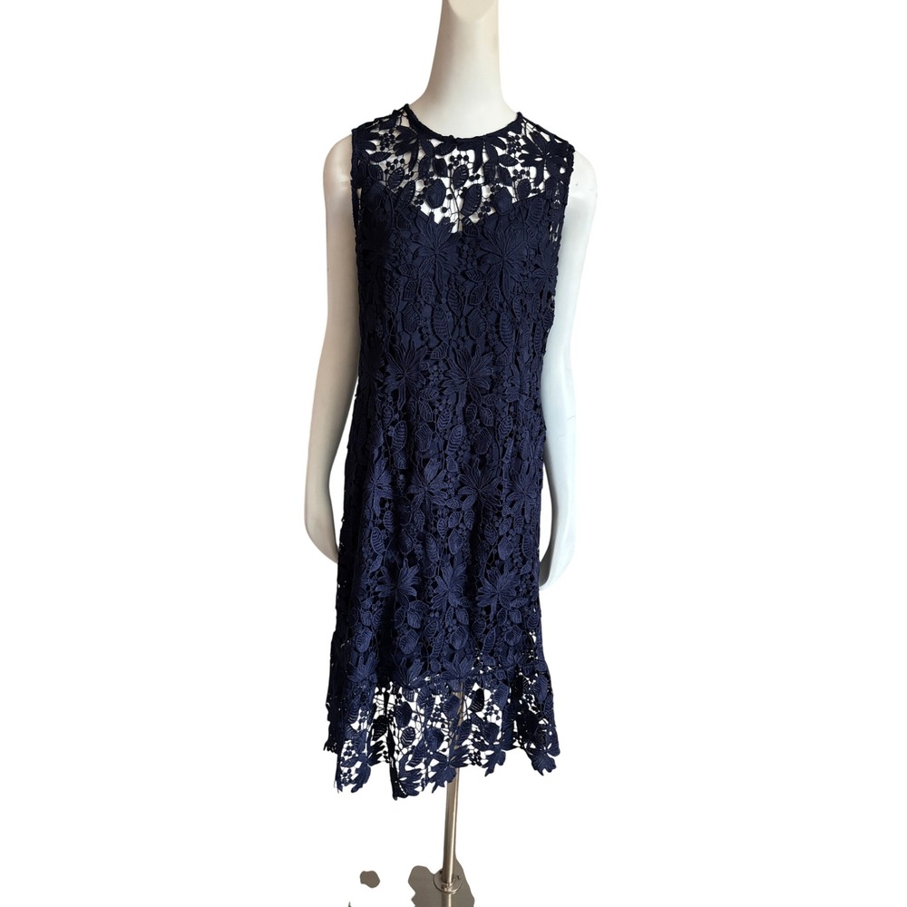 ABS Collection Navy Blue Floral Lace Illusion Neckline Cocktail Dress Size 12